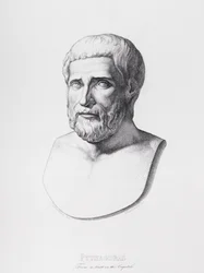 Porträt von Pythagoras (ca. 580-500 v. Chr.), graviert von B. Barloccini, 1849